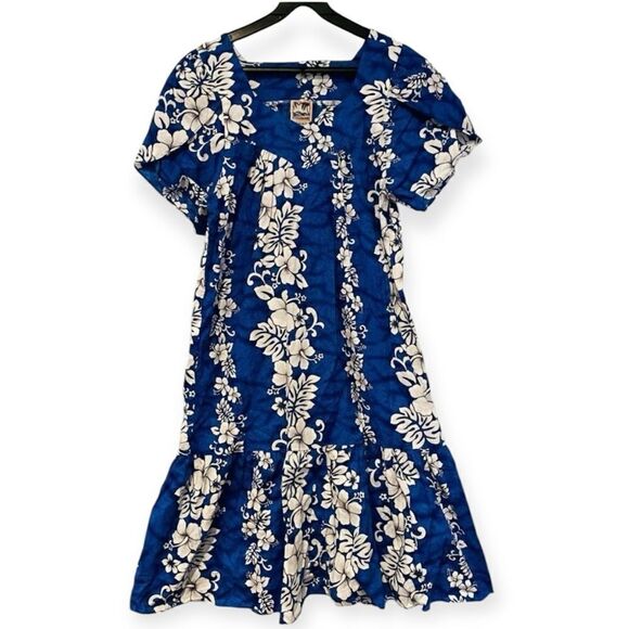 Hawaiian Togs Vintage Blue Tropical Flare Hem Dress w/Pocket Size Small - Picture 1 of 5